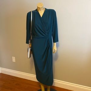 Joseph Ribkoff elegant Green sheath dress front pleats and side button design